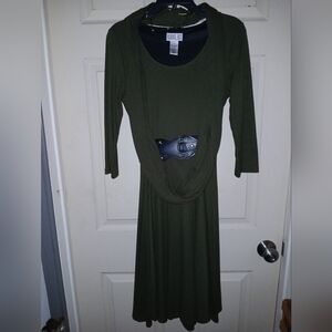 Robbie Bee Knitworks Olive Long Sleeve Dress with Black Belt Sz Med
